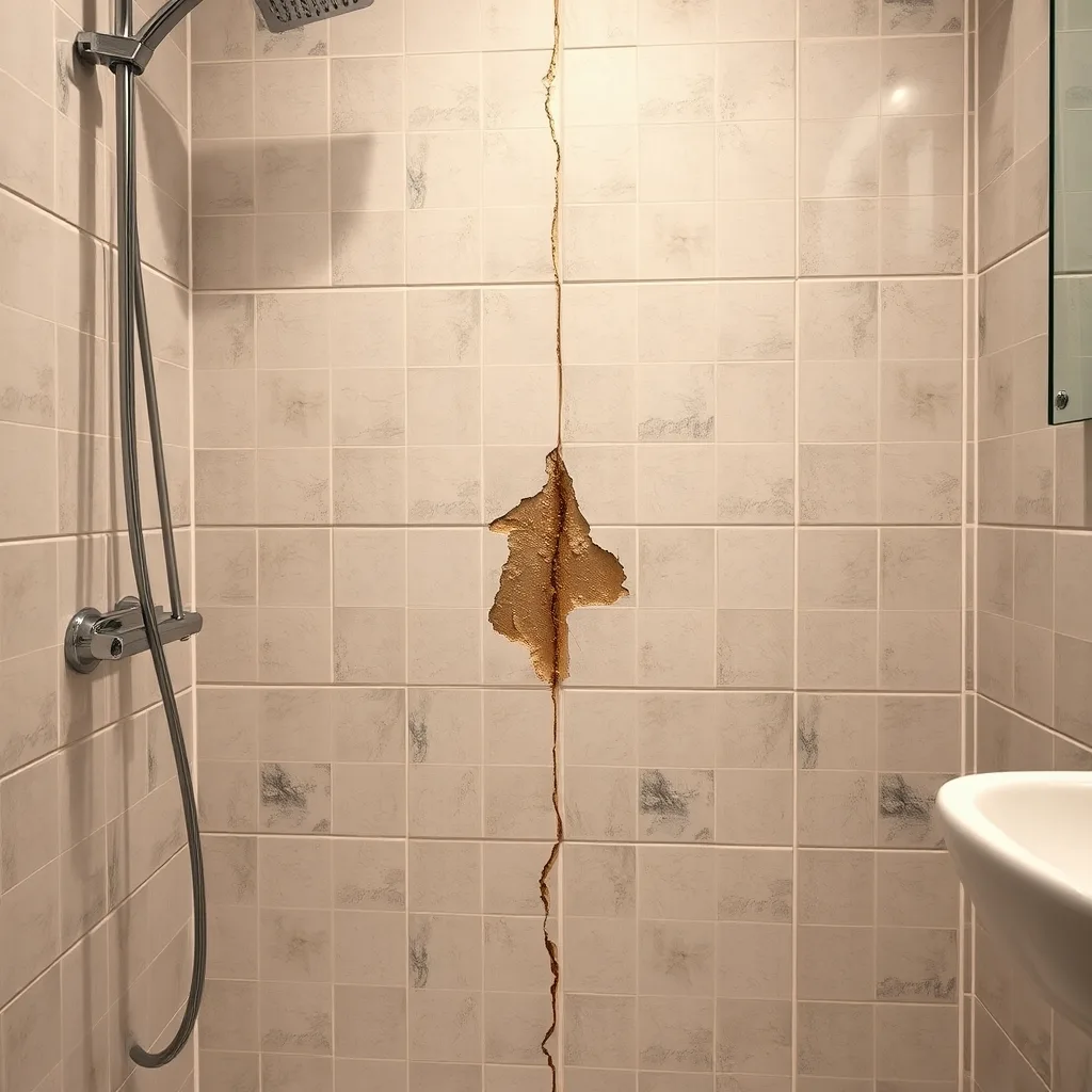 Feuchteschaden an der Fliesenwand einer Dusche