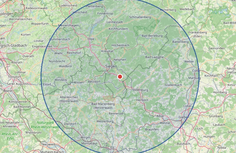 Einzugsgebiet: ca. 50 km um Wilnsdorf – Kartendaten © OpenStreetMap-Mitwirkende